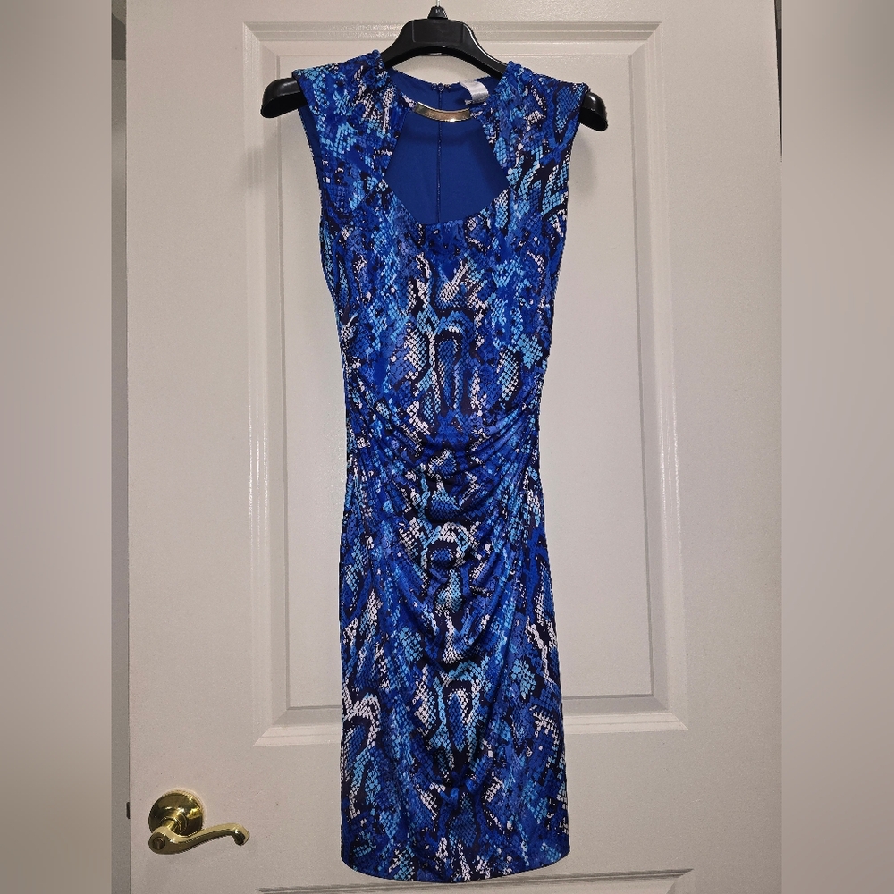 Cache Blue and White Halter Bodycon Midi Dress